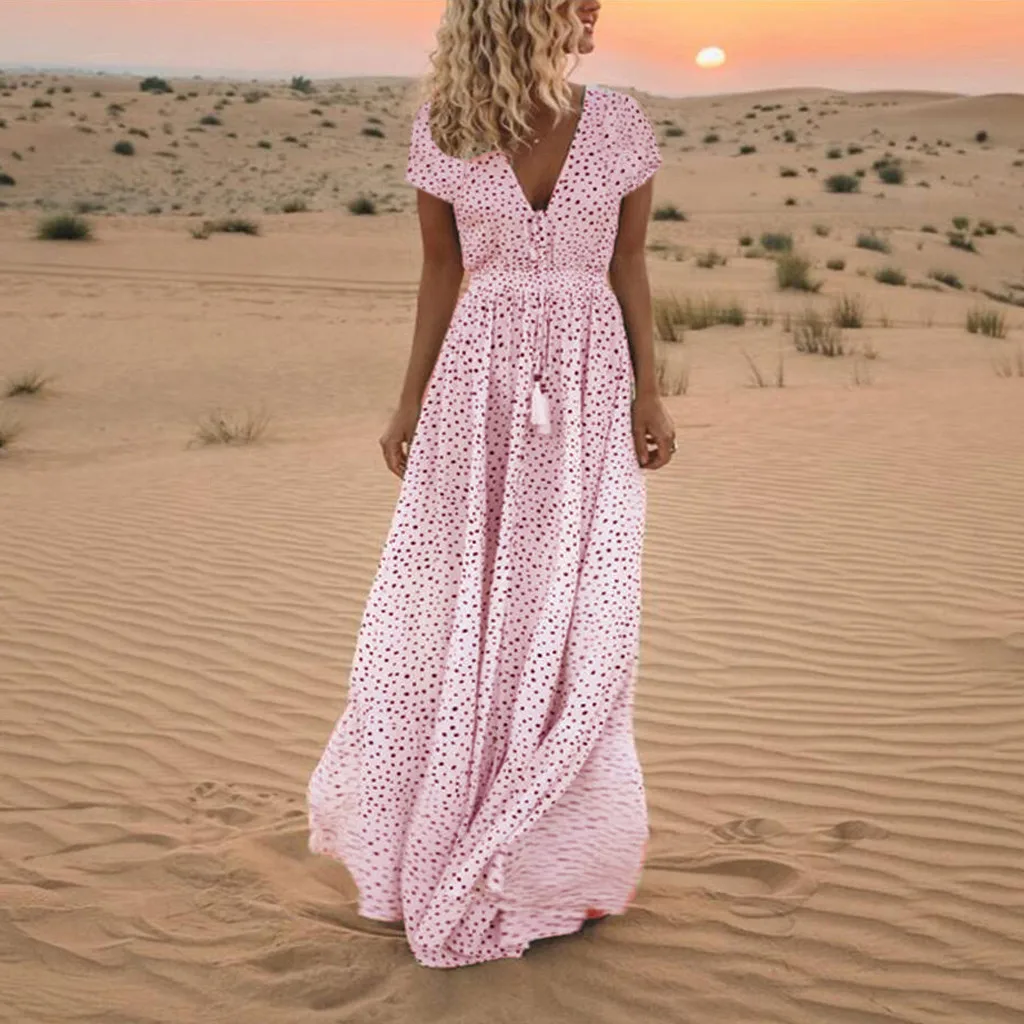 Vestido de festa longo, женское летнее платье, короткий рукав, в горошек, с кисточками, v-образный вырез, длинные платья, винтажная пляжная туника, макси платье, Saia