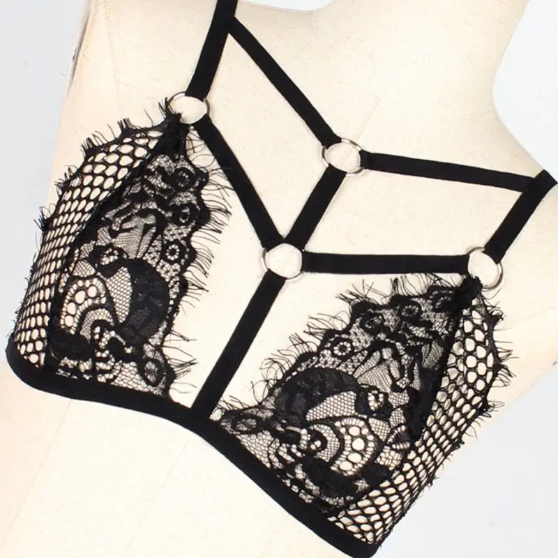 Женское сексуальное металлическое кольцо корсет с ремешками Bralette ажурное Сетчатое кружевное белье в цветочек бюстье Бандажное белье клубный бюстгальтер