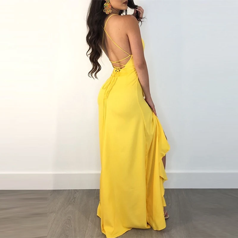 DRESSMECB, сексуальное летнее платье с оборками, женское платье с высокой талией и глубоким v-образным вырезом, платья с открытой спиной на бретелях, однотонное платье, Vestidos Verano