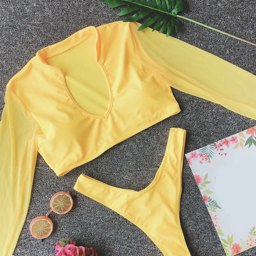 Женский купальник с длинными рукавами для девочек модный сетчатый однотонный