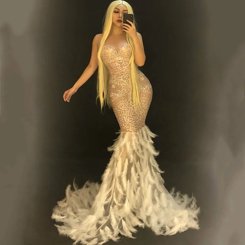 Блестящее длинное платье с перьями женское для ночного клуба выпускного вечера