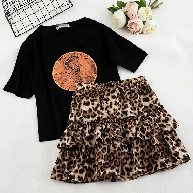 2019 summer 2 pieces sets printed cotton Tshirt tops + leopard Skirts Sets Women clothing suits tracksuit | Женская одежда