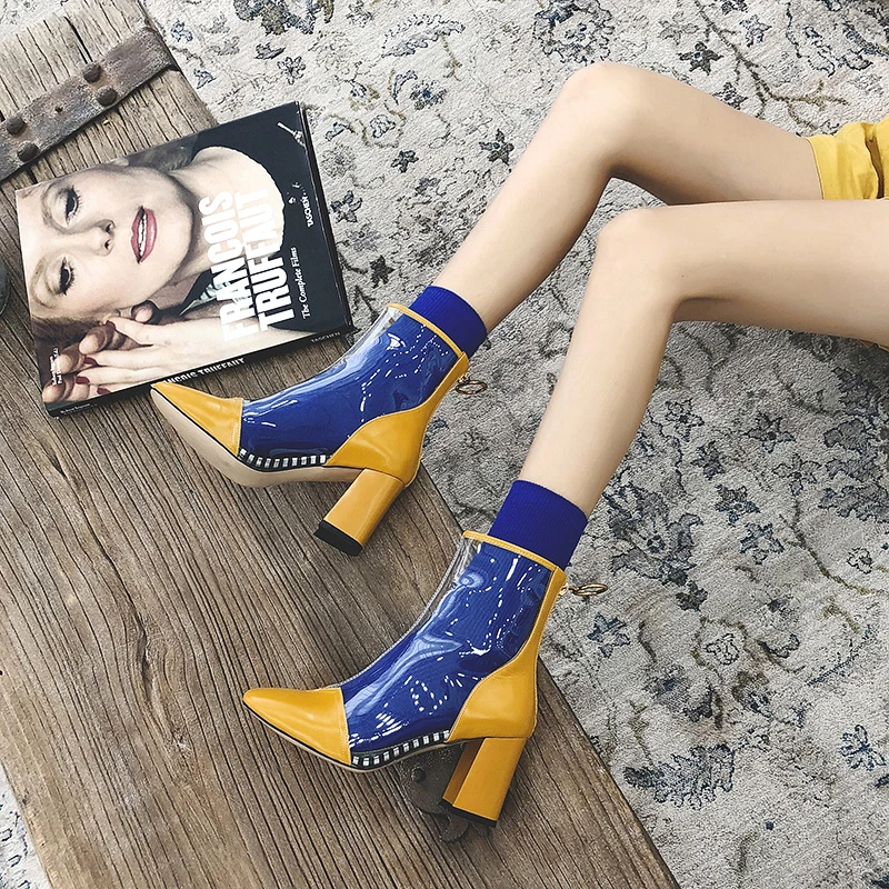 

WETKISS PVC Cow Leather Women Boots Transparent Thick High Heels Boot Autumn Square Toe Fashion Female Shoes Woman Black New