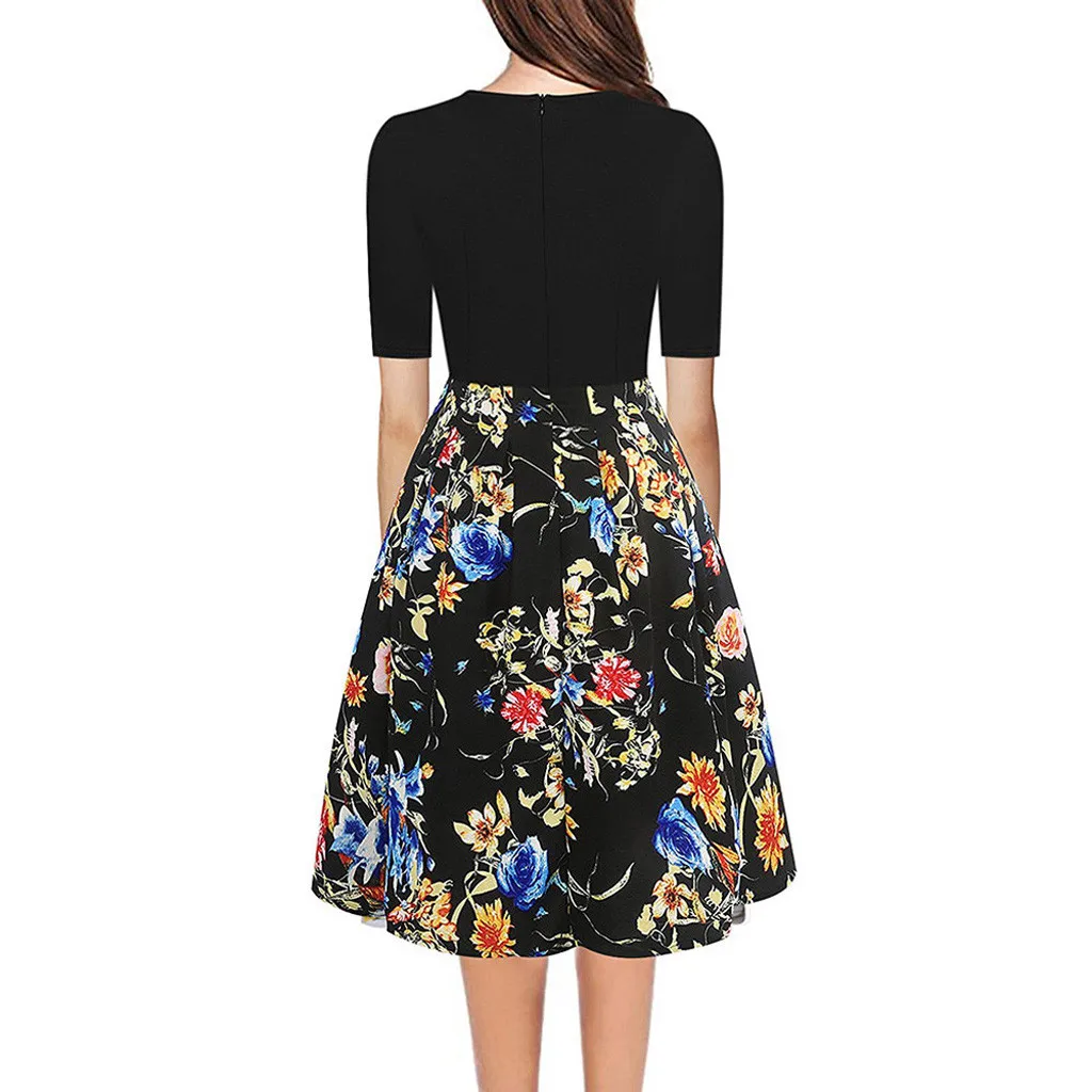 Платье женское вечернее ТРАПЕЦИЕВИДНОЕ с цветочным принтом коротким рукавом и
