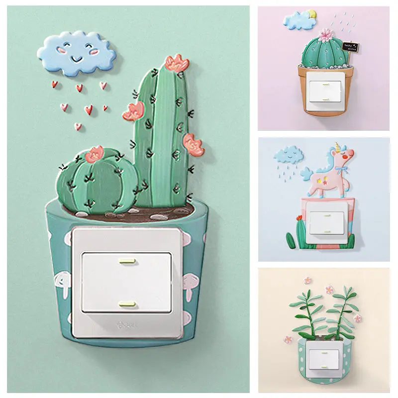 Cactus Switch Sticker Cartoon Room Decor 3D Wall Silicone On-off Luminous Light Outlet | Дом и сад