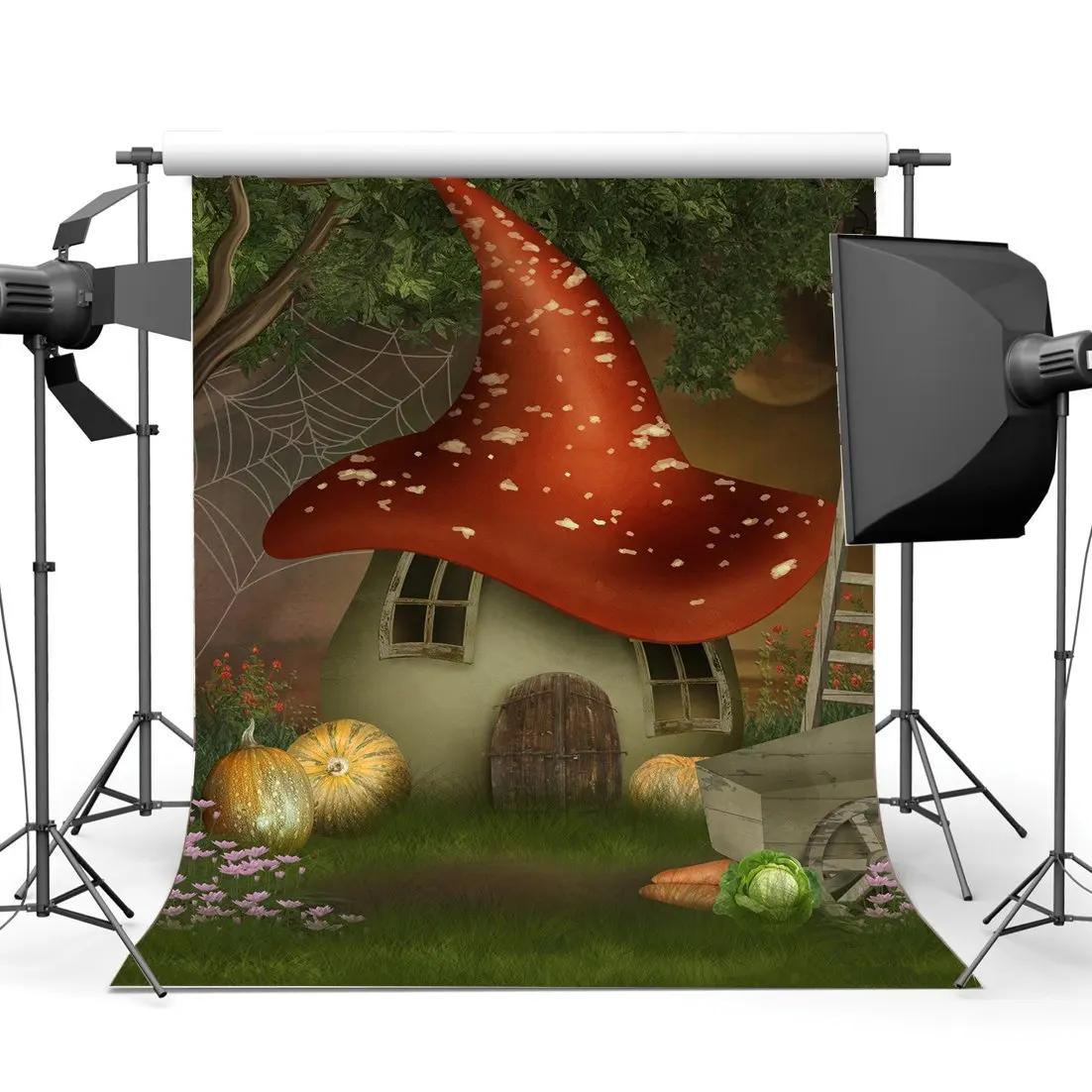 

Сказочный фон с изображением грибов домика тыквы свежих цветов деревянной лестницы паука паутины деревьев зеленой травы Луги Луны