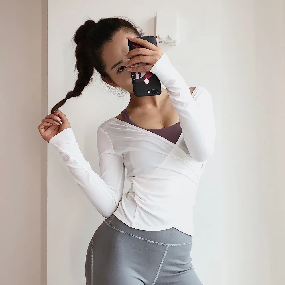 Darcydebie Front and rear reverse wear leisure fitness strap hollow-out long-sleeved breathable sports shirt Yoga | Спорт и