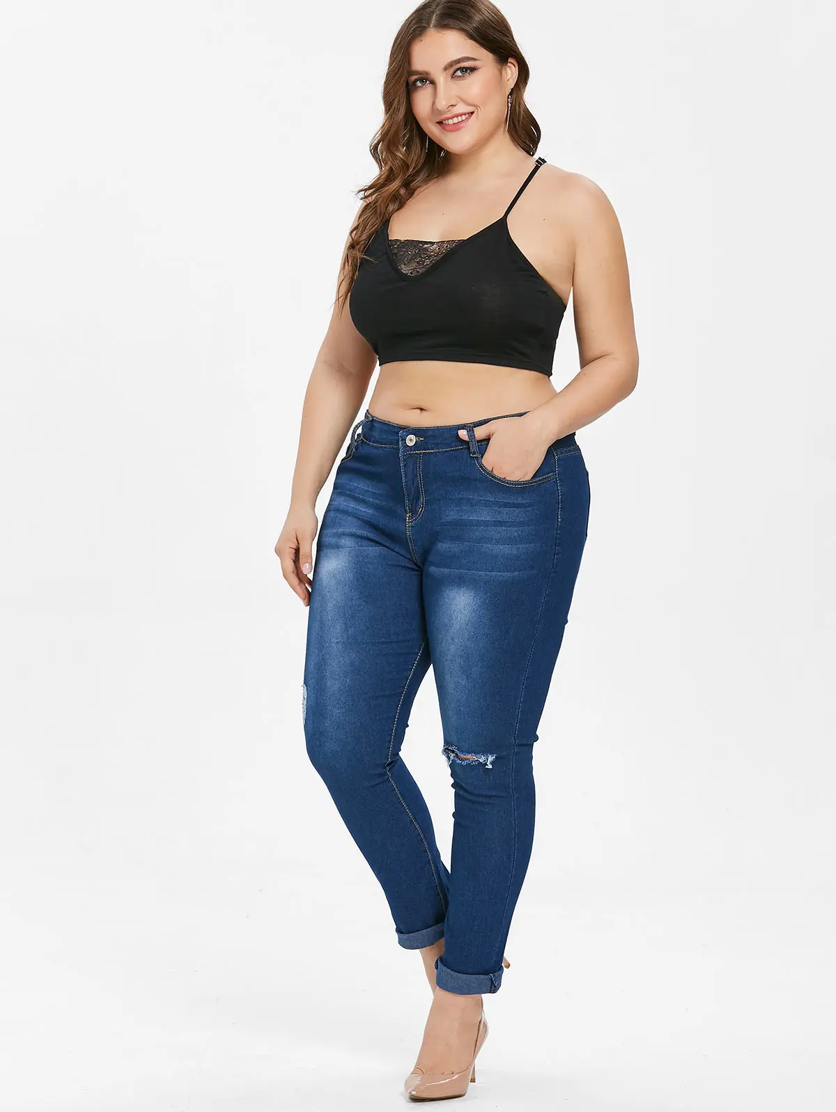 Женский укороченный топ с кружевными вставками ROSEGAL однотонный на бретелях