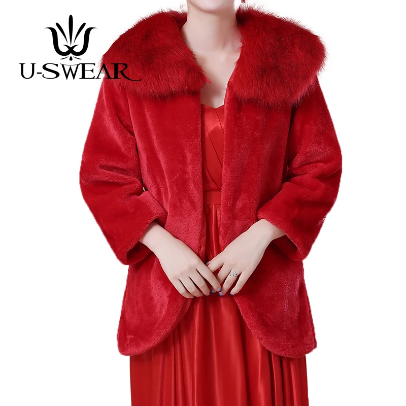 

U-SWEAR 2020 Новое поступление Свадебная куртка искусственный мех накидка меховая накидка красная накидка Свадебная куртка Женские кейпы с длин...