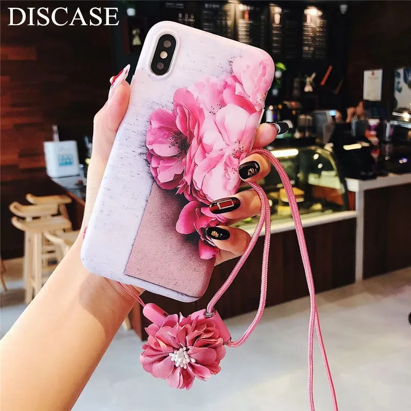 DISCASE IMD Vintage Camellia Phone Case For iphone X XR XS MAX 8 7 6plus 3D Scrub Lanyard TPU All Inclusive Coque | Мобильные