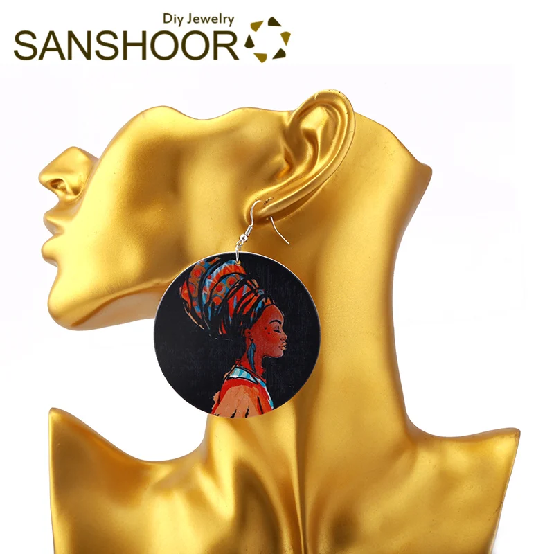 SANSHOOR печать африканская королева деревянные висячие серьги Богемия афро карта АНК женщина головной убор ювелирные изделия 6 см диаметр 6 пар/лот