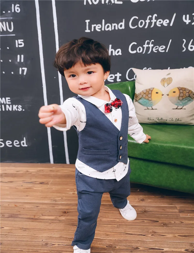 Детская одежда для детей 1, 2, 3, 4, 5 лет, весенне-осенняя одежда комплект из 3 предметов, рубашка штаны с длинными рукавами, брюки, жилет, костюм