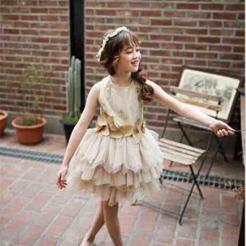 Floral Girls Flower Dresses Champagne Gold Beaded Tutu Tiered Dress Princess Baby Special Designer Irregular Party Forma | Детская