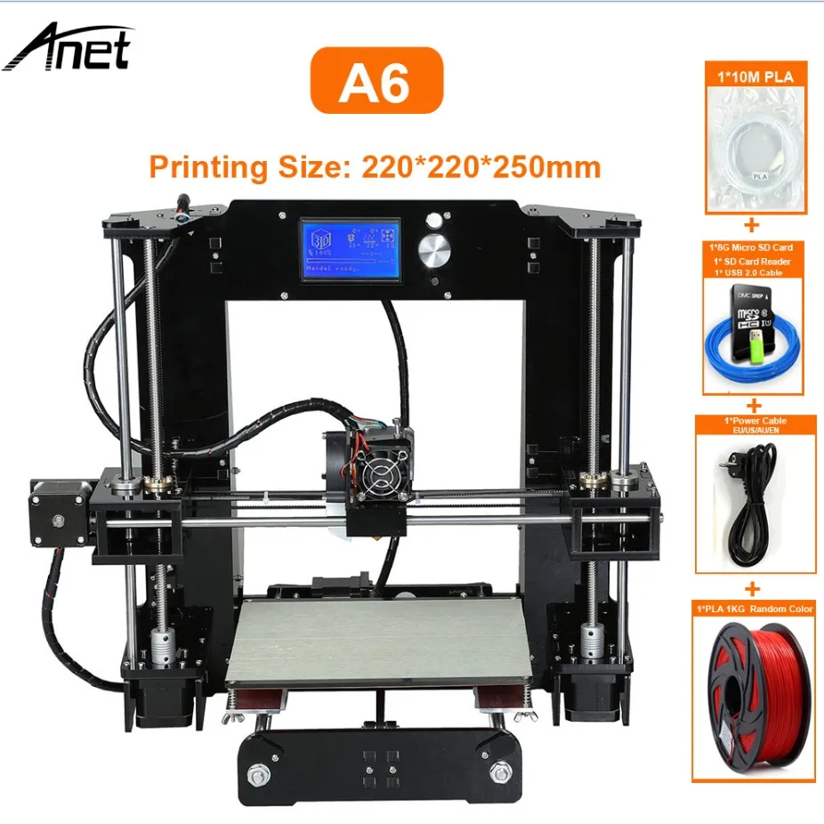 A6 With 1KG PLA Anet A8 A6 ET4 3d принтер Высокая точность Impresora 3D ЖК-экран алюминиевый горячий экструдер принтеры DIY комплект Imprimante 3d принтер - Цвет: A6 With 1KG PLA