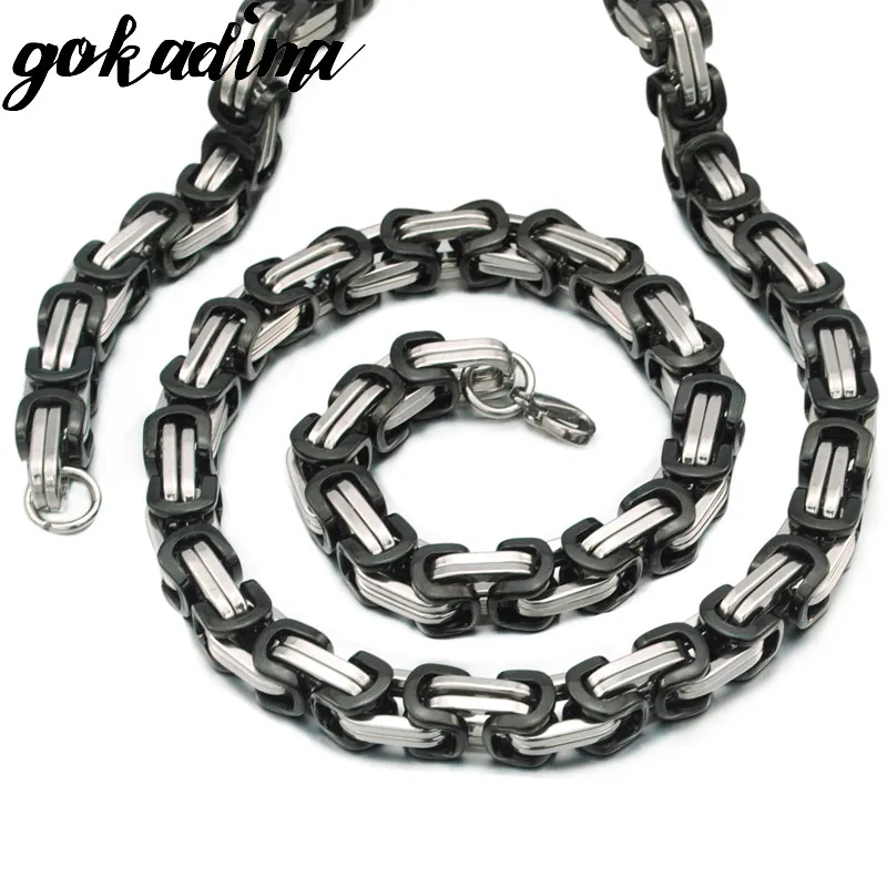 black and silver GOKADIMA Рождественский подарок, тяжелая хип-хоп Рок Византийская цепочка на шею для мужчин Высокое качество Нержавеющая сталь ожерелье ювелирные изделия WN076 - Окраска металла: black and silver
