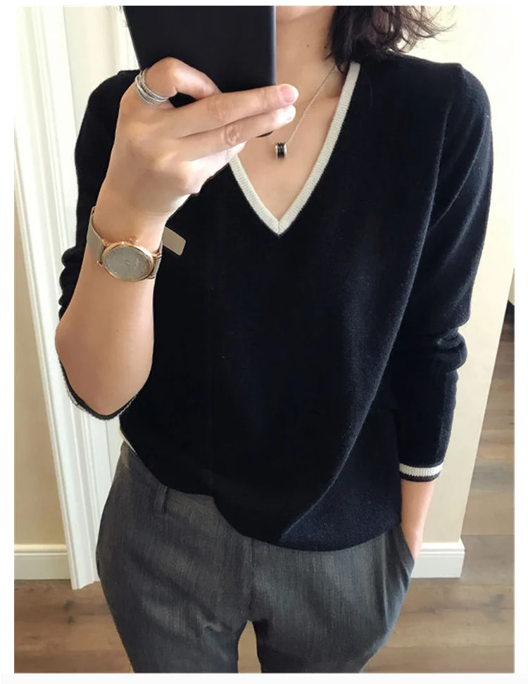 High Quality Cashmere Sweater Women Autumn Pullover Solid Knitted V-neck Outerwear Tops Female Fashion S03 | Женская одежда