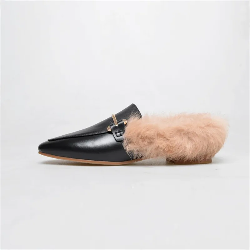 Black Slippers ENNIS/ г., черные Лоферы женская обувь из натуральной кожи, без задника, зимняя обувь с натуральным кроличьим мехом, пряжки для тапочек, модная повседневная обувь C857 - Цвет: Black Slippers