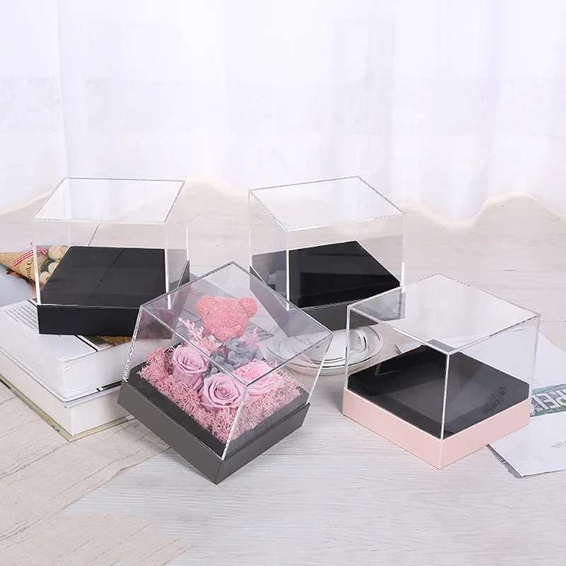 New Acrylic Rose Flower Box Makeup Organizer Artificial Bouquet Gift Home Decor Wedding With Cover | Дом и сад