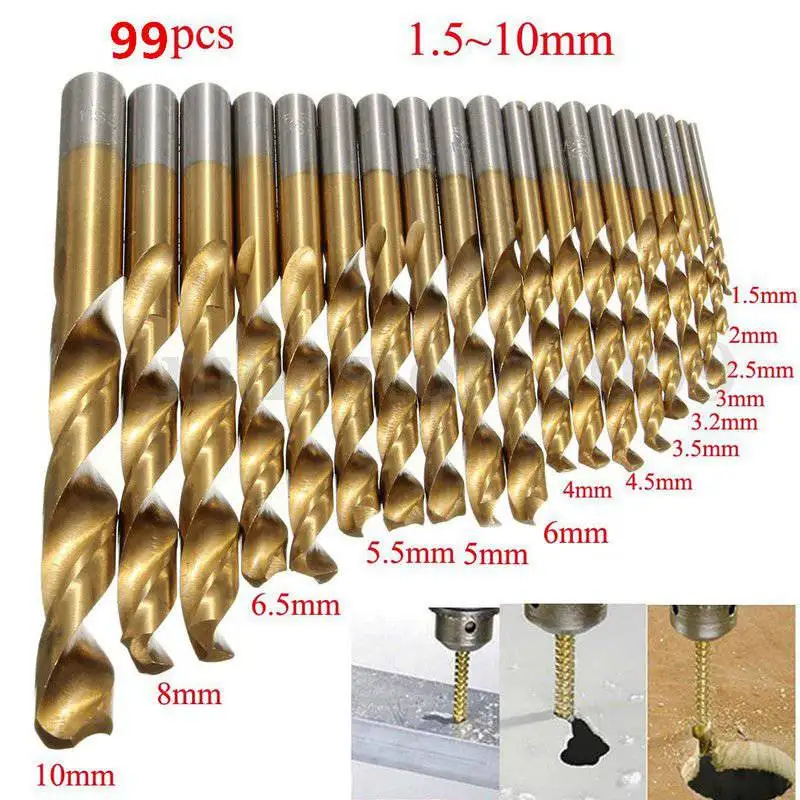 99 Pcs/set 1.5mm - 10mm Titanizing Coated HSS High Speed Steel Drill Bit Tool Set | Инструменты