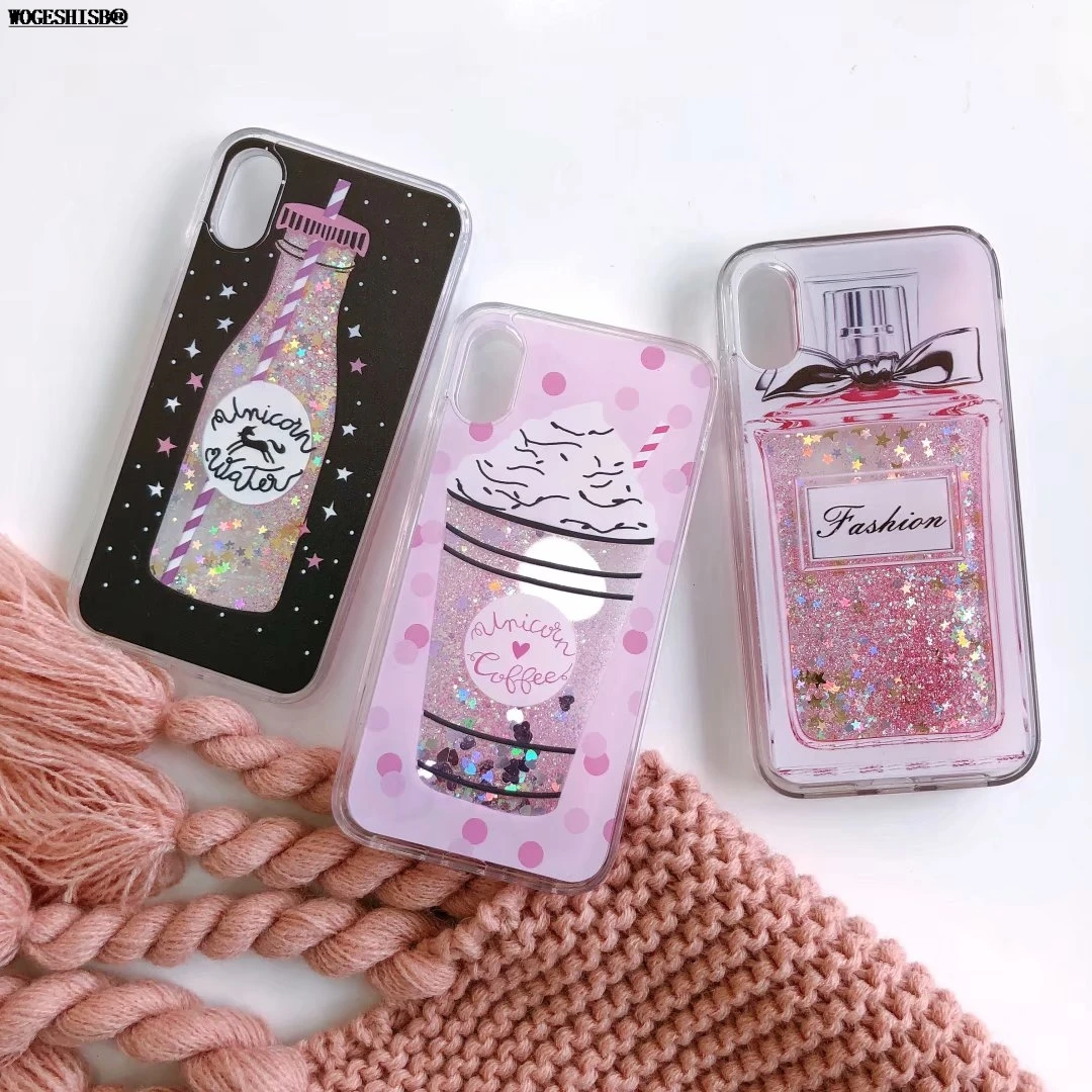 

Liquid Case for iPhone X Xs 11 12 mini Pro Max XR SE 5 5s 6 6s 7 8 Plus Unicorn Coffee Water Perfume Bottle Soft Silicone Cover