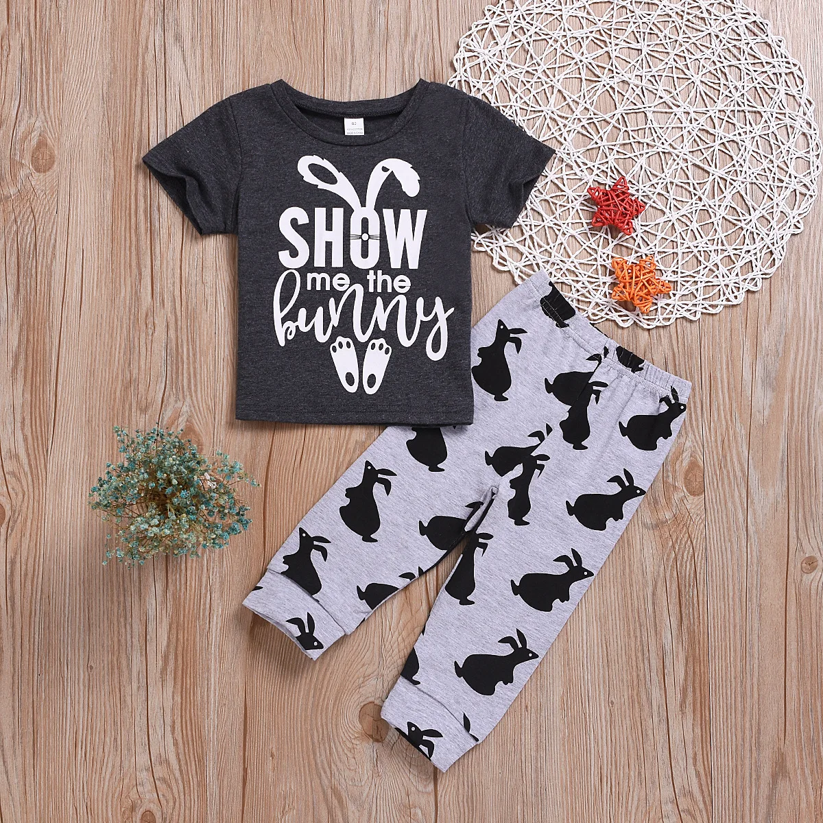 Kids Baby Girl Boy Cartoon Letter Rabbit Print T Shirt Pant Outfits Toddler Summer Clothes 2pcs set |