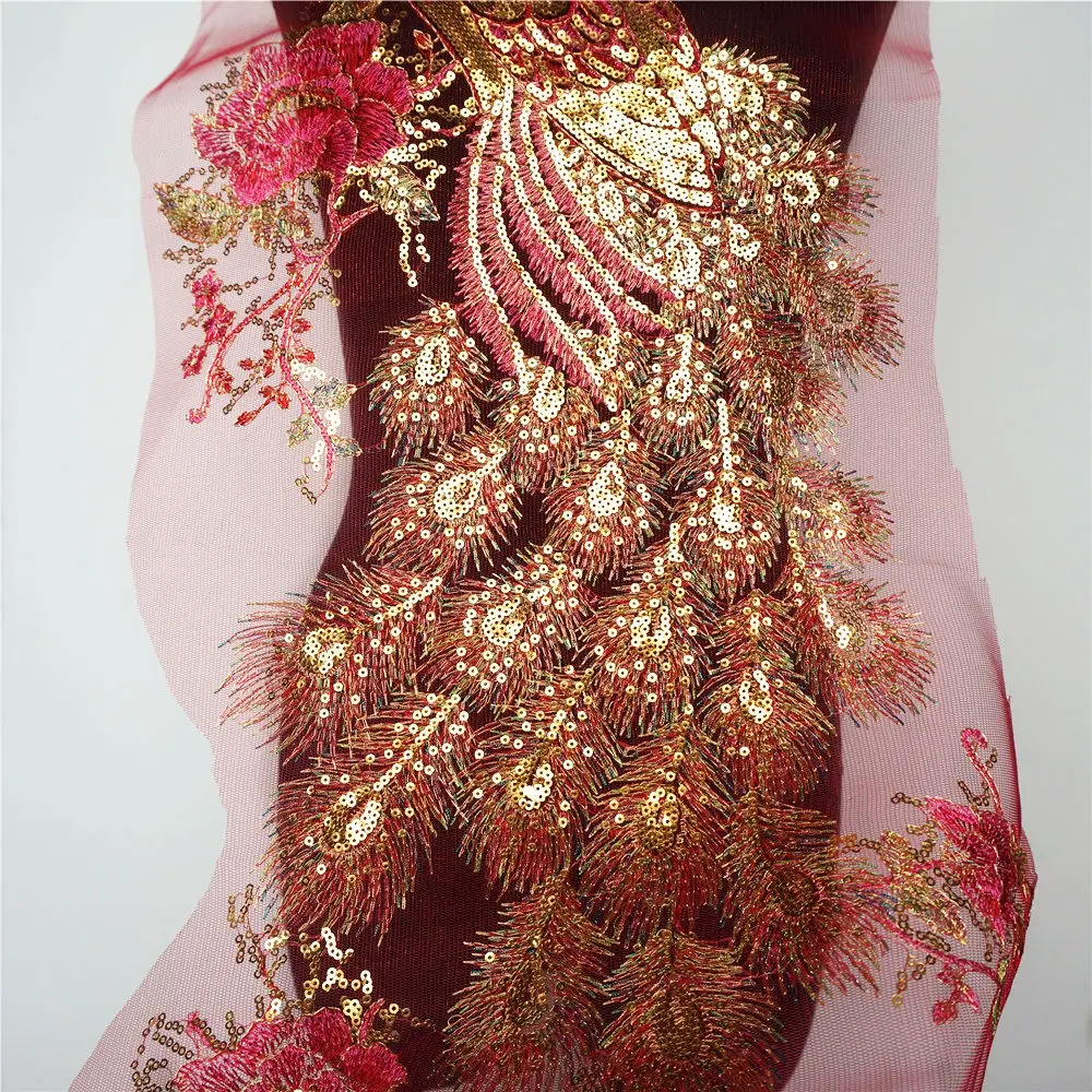 Золотые пайетки павлин цветы красная сетка вышитая искусственная кружевная