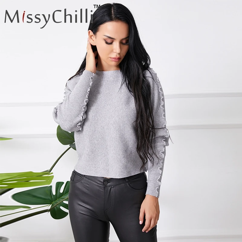 Женский вязаный свитер MissyChilli серый с длинным рукавом и волнистым люрексом |