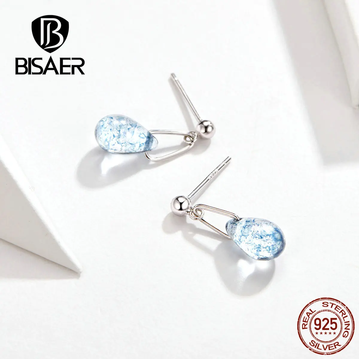 BISAER, 925 пробы, серебряный светильник, синяя капля воды, Женские Висячие серьги для женщин, простые геометрические серьги капельки, ювелирные изделия EFE165