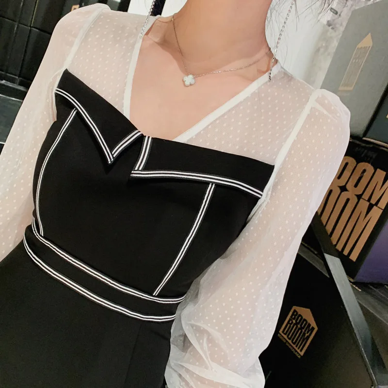 Spring Women Sexy Party Dress V Neck Full Flare Sleeve Bandage Bodycon Dresses Vestidos Elegant Mesh Patchwork Mid-Calf | Женская одежда