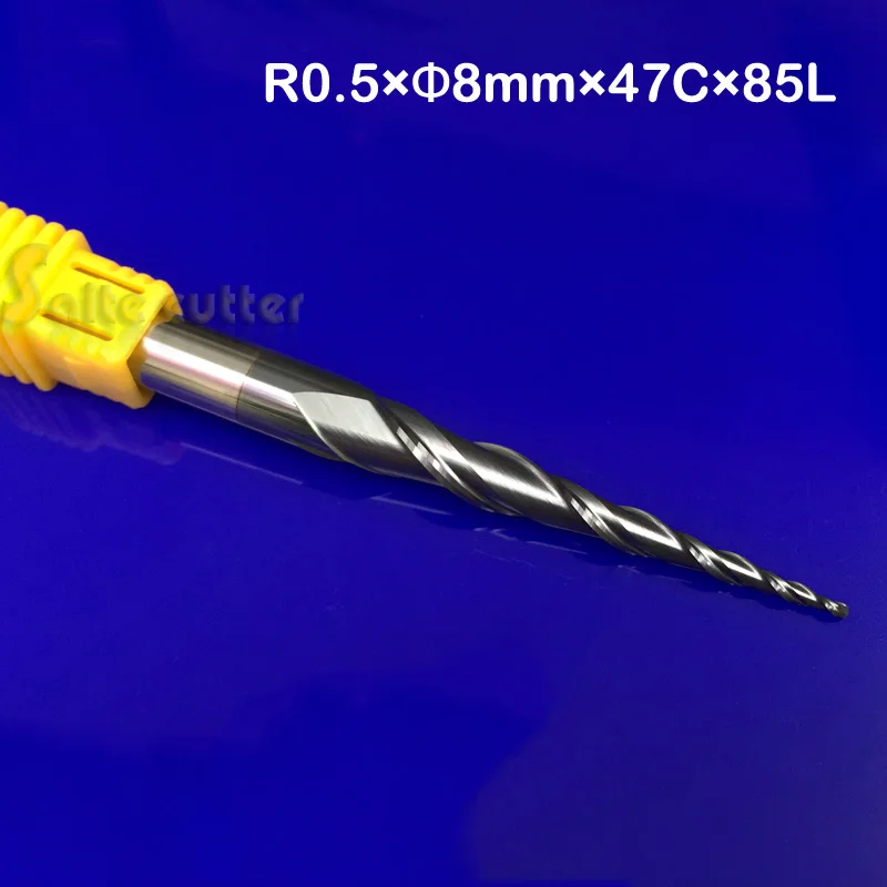 

1pc R0.5*D8*47*85L*2F Two Flute HRC55 Tungsten solid carbide Coated Tapered Ball Nose End Mill taper and cone CNC milling cutter