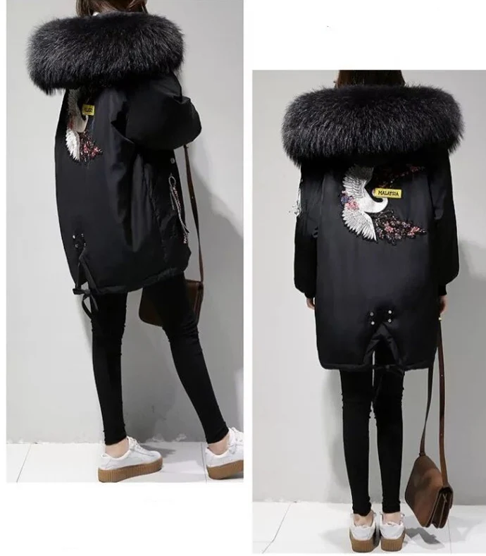 XL-4XL, черный, утолщенный, шерсть, пальто, для женщин, вышивка, куртка, хлопок, длинный, с капюшоном, на шее, для девушек, на каждый день, пальто, теплая зимняя одежда