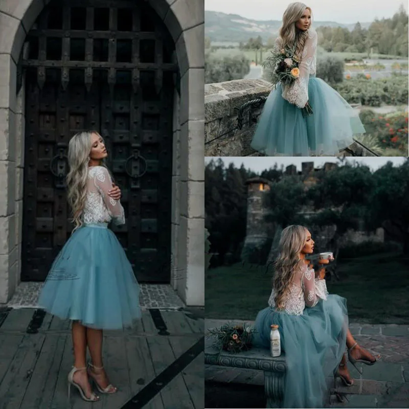 

2019 White and Mint Lace Two Pieces Long Sleeve Short Prom Dress Illusion Boho Party Gowns Graduation Trendy Evening Gowns Cheap