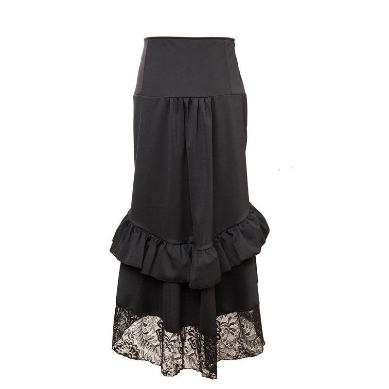 

Fashion Wine Red & Black Floral Lace Asymmetrical Ruffles Victorian Steampunk Skirt Plus Size Gothic Skirts Womens Sexy Clothing