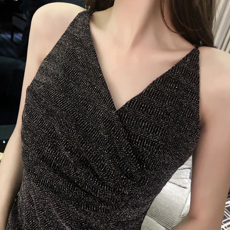 Женский Черный люрексом сияющая разрез Плиссированное праздничное платье с