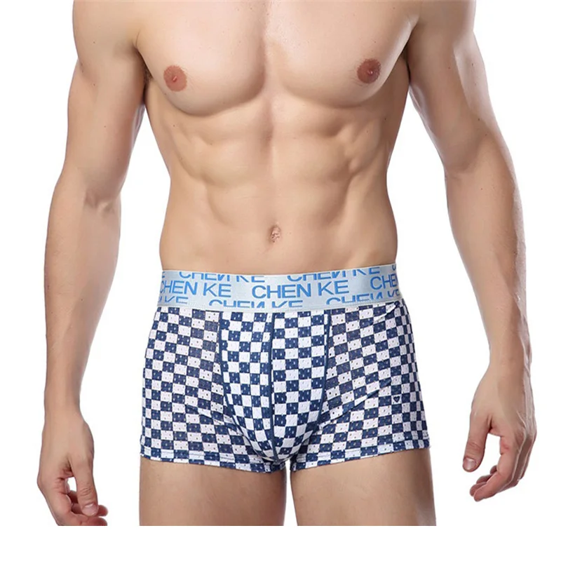 Chenke365 Brand Boxer Men Underwear Plaid Ice Silk Spandex Boxers Mens Penis Pouch Shorts Panties Male Short Underpants Cuecas | Мужская