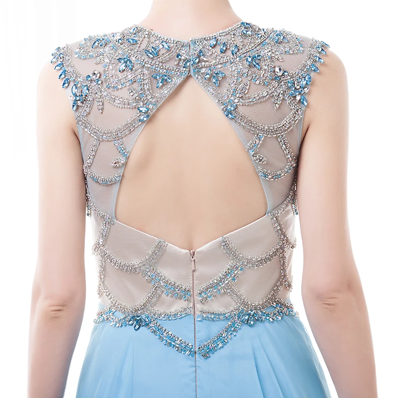 JaneVini Elegant Light Sky Blue Long Bridesmaid Dresses A Line Luxury Crystals Beaded Backless Tulle Women Prom Gowns Plus Size | Свадьбы и