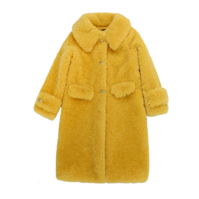 yellow long fur coat Белая длинная плюшевая куртка, пальто для женщин, Зимняя мода, искусственный мех ягненка, пальто, толстое теплое однобортное пальто, женская длинная верхняя одежда - Цвет: yellow long fur coat