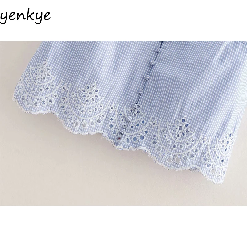 Cami светло-голубой в полоску летние топы Для женщин полые Embroidered Crop Top пикантные