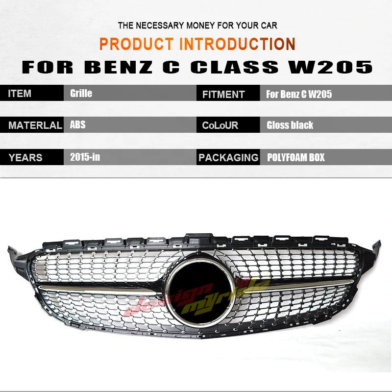 W205 Алмазная решетка без эмблемы ABS черный для C Class c180 c200 c250 c300 c350 c400 Передняя гриля