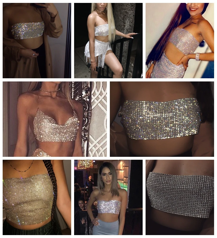 FestivalQueen сексуальные Стразы с блестками без бретелек топы Модные блестящие металлические алмазные трубки Топы Вечеринка клуб летняя пляжная одежда