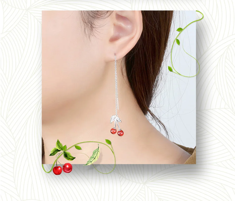 ORSA JEWELS Настоящее 925 пробы серебряные женские висячие серьги длинная цепочка Вишневый узор гранат женские вечерние романтические ювелирные изделия SE100