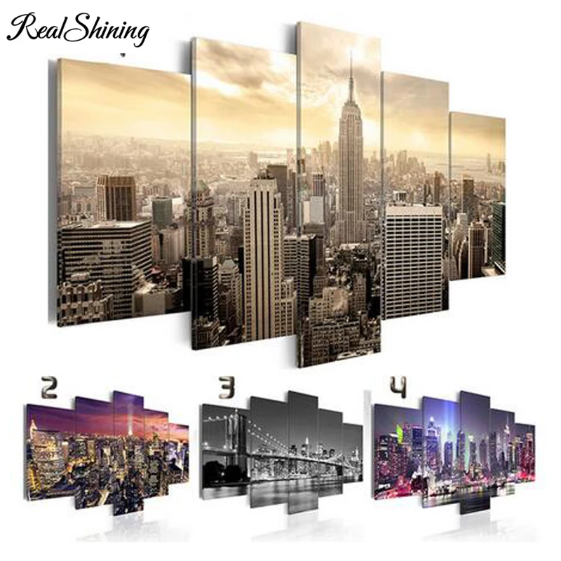 

Wall Art 5d diy diamond painting City building night view full square/round drill mosaic kits embroidery 5pcs/set FS4743