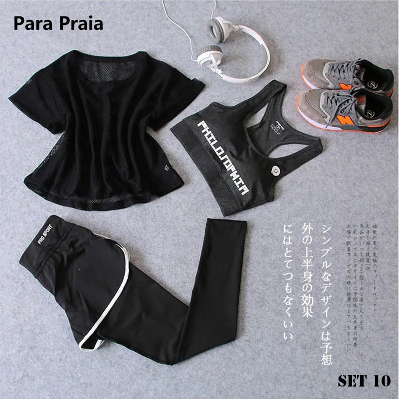 Set 10 Спортивная одежда, комплект из трех предметов для йоги, Спортивная рубашка для женщин, спортивный бюстгальтер для фитнеса, расклешенные штаны, леггинсы, спортивный костюм, леггинсы для спортзала, 15 цветов - Цвет: Set 10