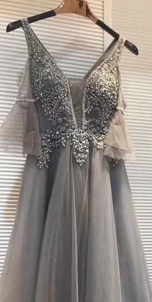 SSYFashion Новые Вечерние платья женские элегантные банкетные милые розовые кружевные аппликации Бисероплетение Вечерние платья Vestido De Noche - Цвет: Серый