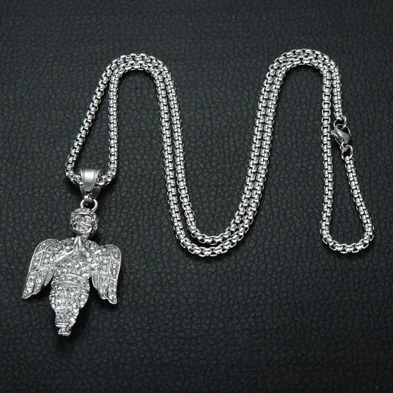 Хип хоп Ангел молитва подвески ожерелья Золото Нержавеющая сталь Bling Iced Out