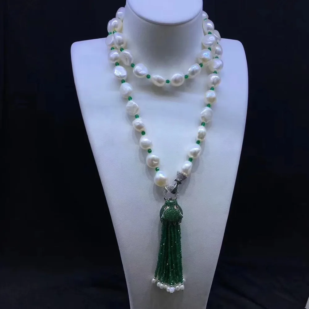 

long fresh water pearl necklace 80CM 10-11MM accept order any lenth 925 sterling silver leopard with green tassels fine jewelry