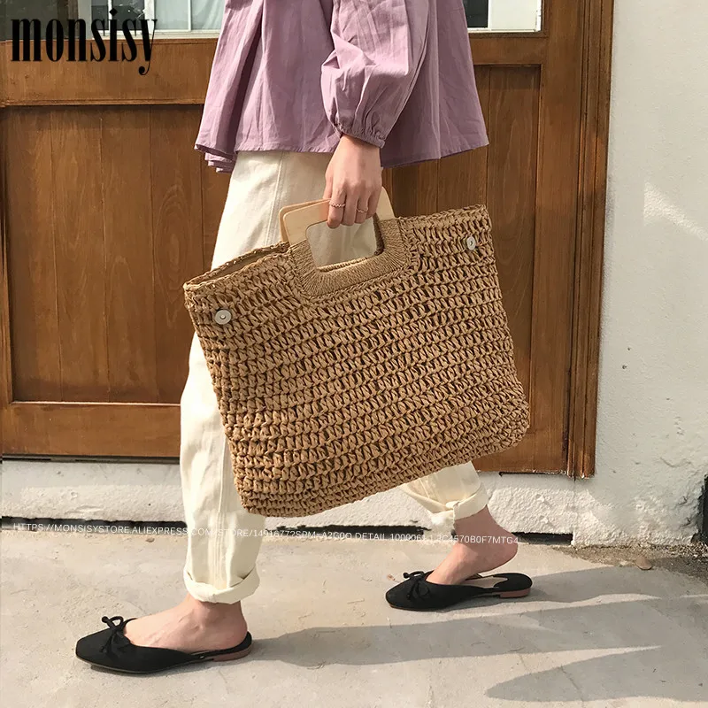Monsisy Соломенная Сумка Пляжная для женщин 2019 с деревянной ручкой большая емкость