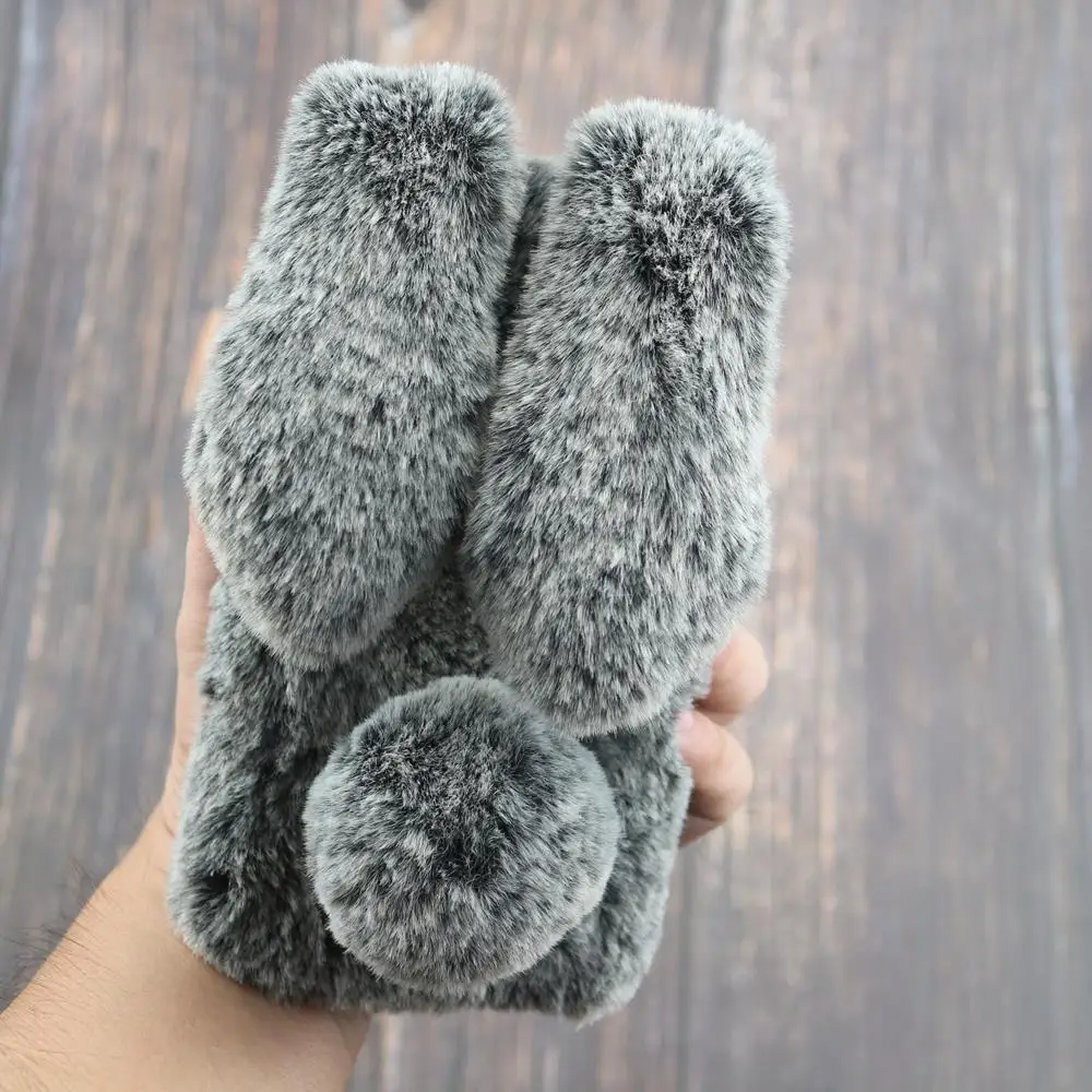 For iPhone XS Max case Warm Plush Fluffy pet rabbit fur TPU X XR 6 7 8plus soft cover 3D doll pink Cover |