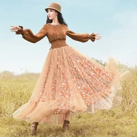 free shipping boshow 2022 new autumn women suede and gauze patchwork one piece long maxi print flower long lantern sleeve dress