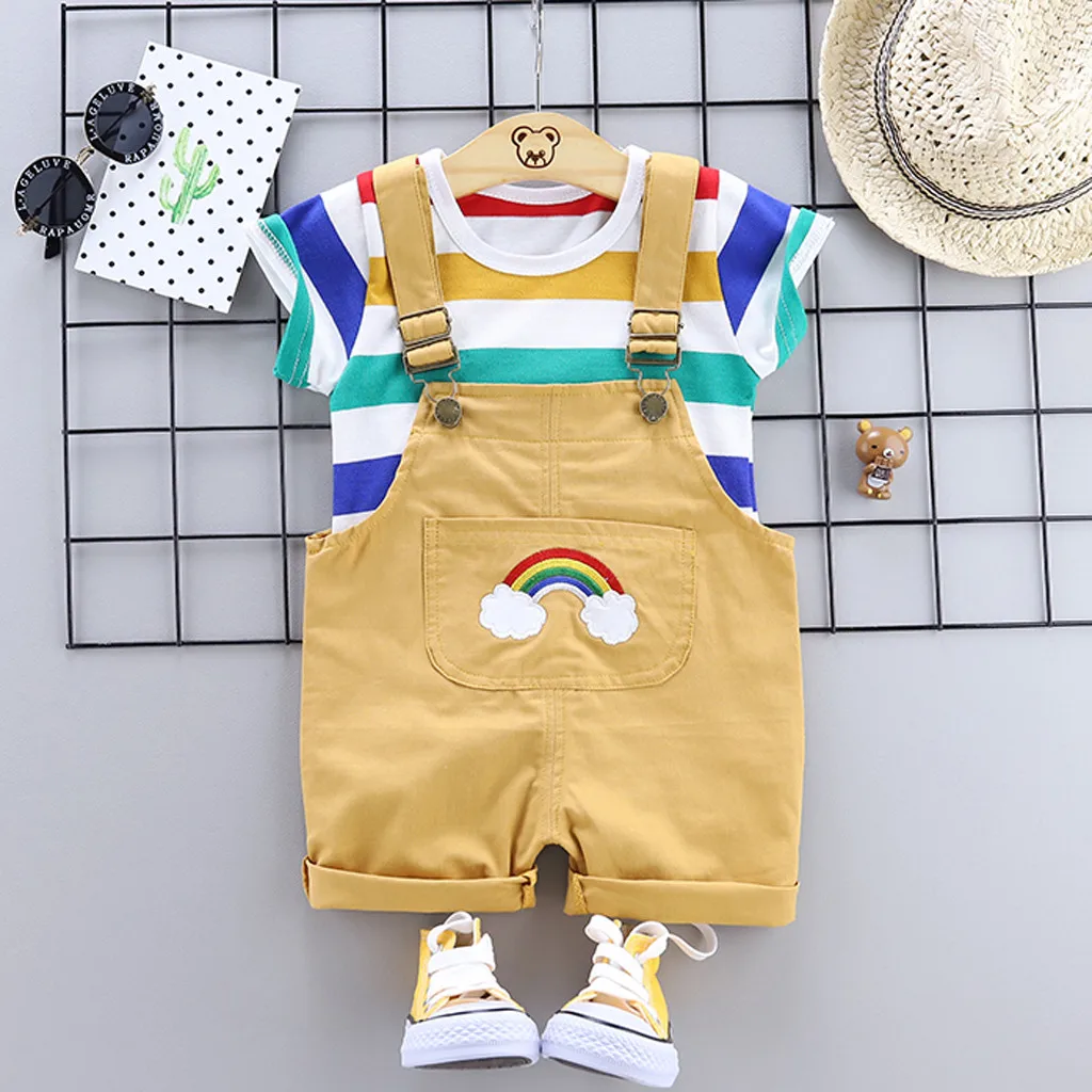 Baby Boy Clothes Kids Rainbow Stripe Tops T-shirt Straps Short Outfits Set Spring Summer For 0-3 Year |